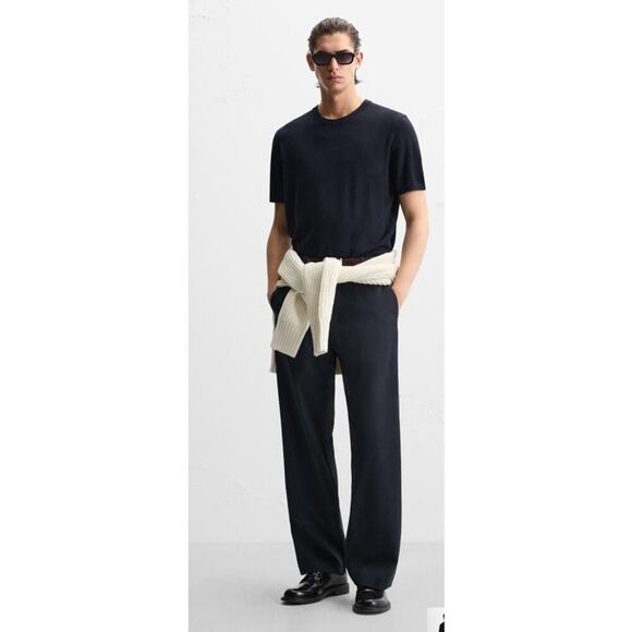 ZARA Mens Navy Flowy Knit T Shirt Size Large - Picture 1 of 7